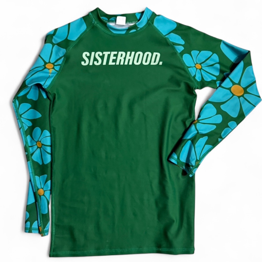 Green 'SISTERHOOD.' Floral Sleeve Rash Guard